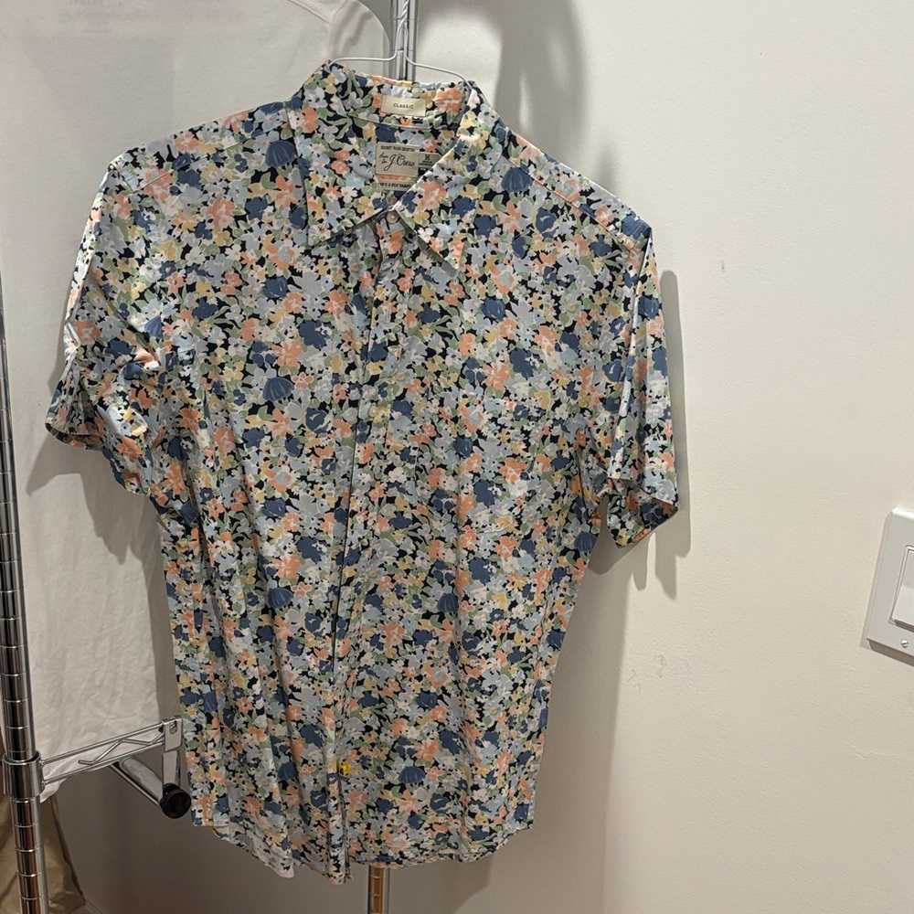 J. Crew Floral Short Sleeve Button-Down Shirt in Blue, Pink, Cream